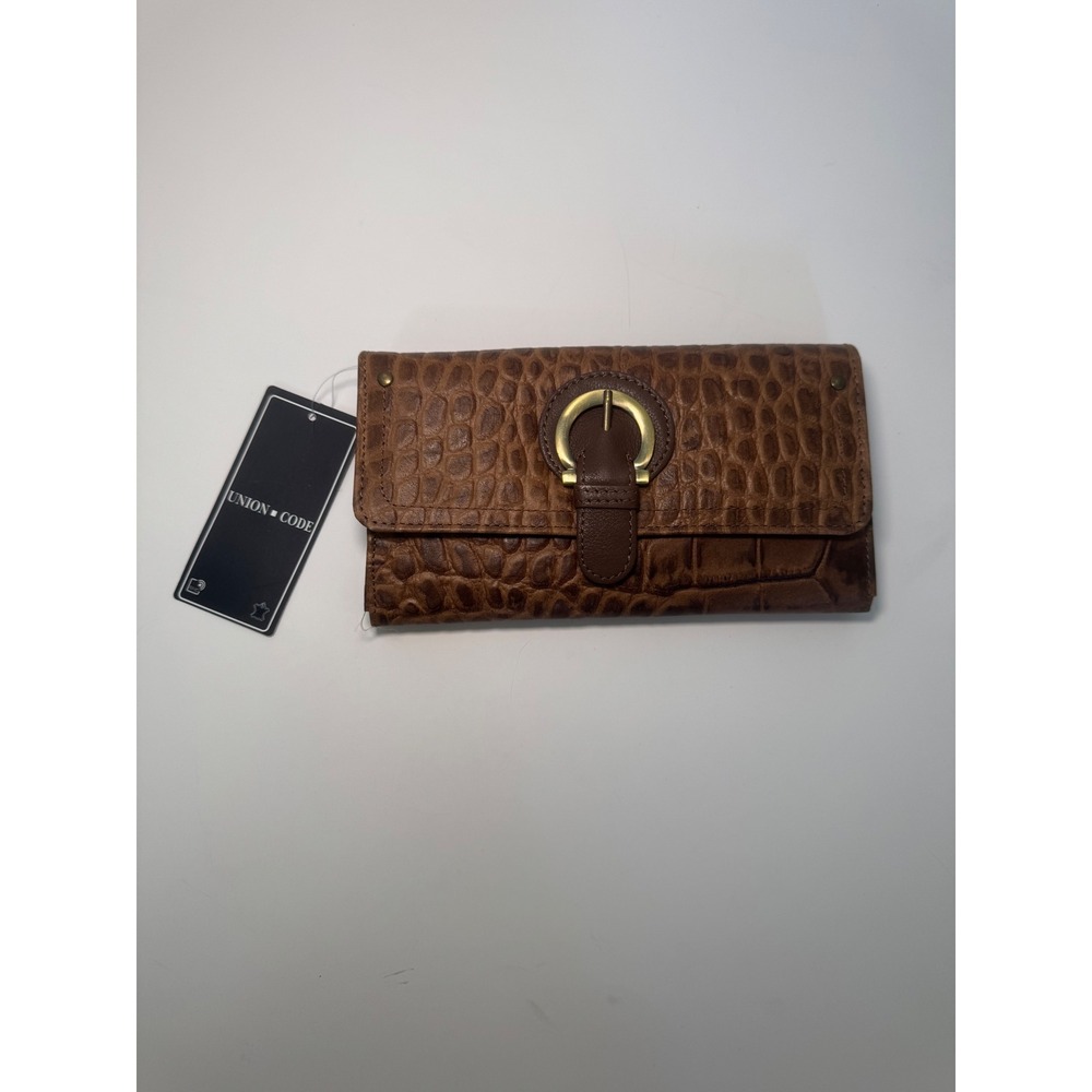 Union Code Buckle Wallet Clutch real leather Print Snap Closure Brown